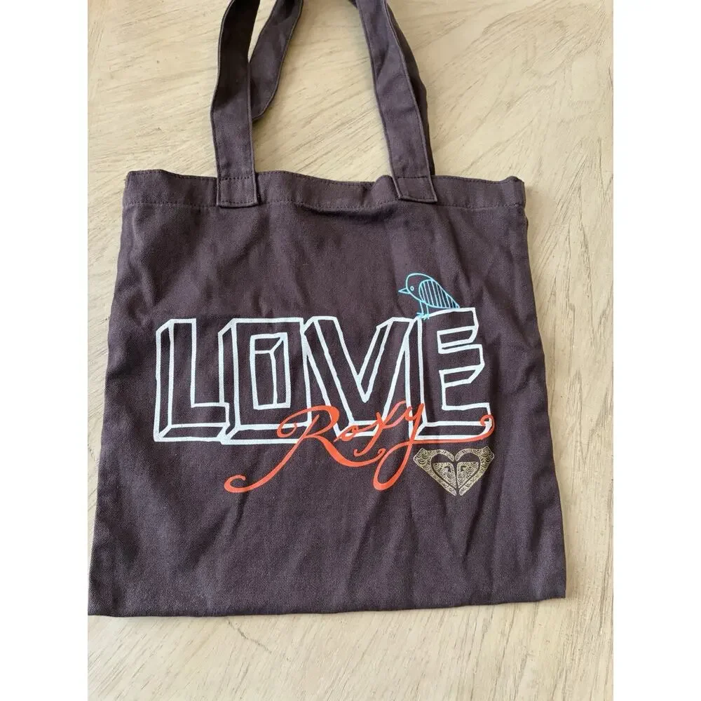 Vintage Y2K Roxy Canvas Tote Bag Brown LOVE Graphic Bird Surf Boho Skater